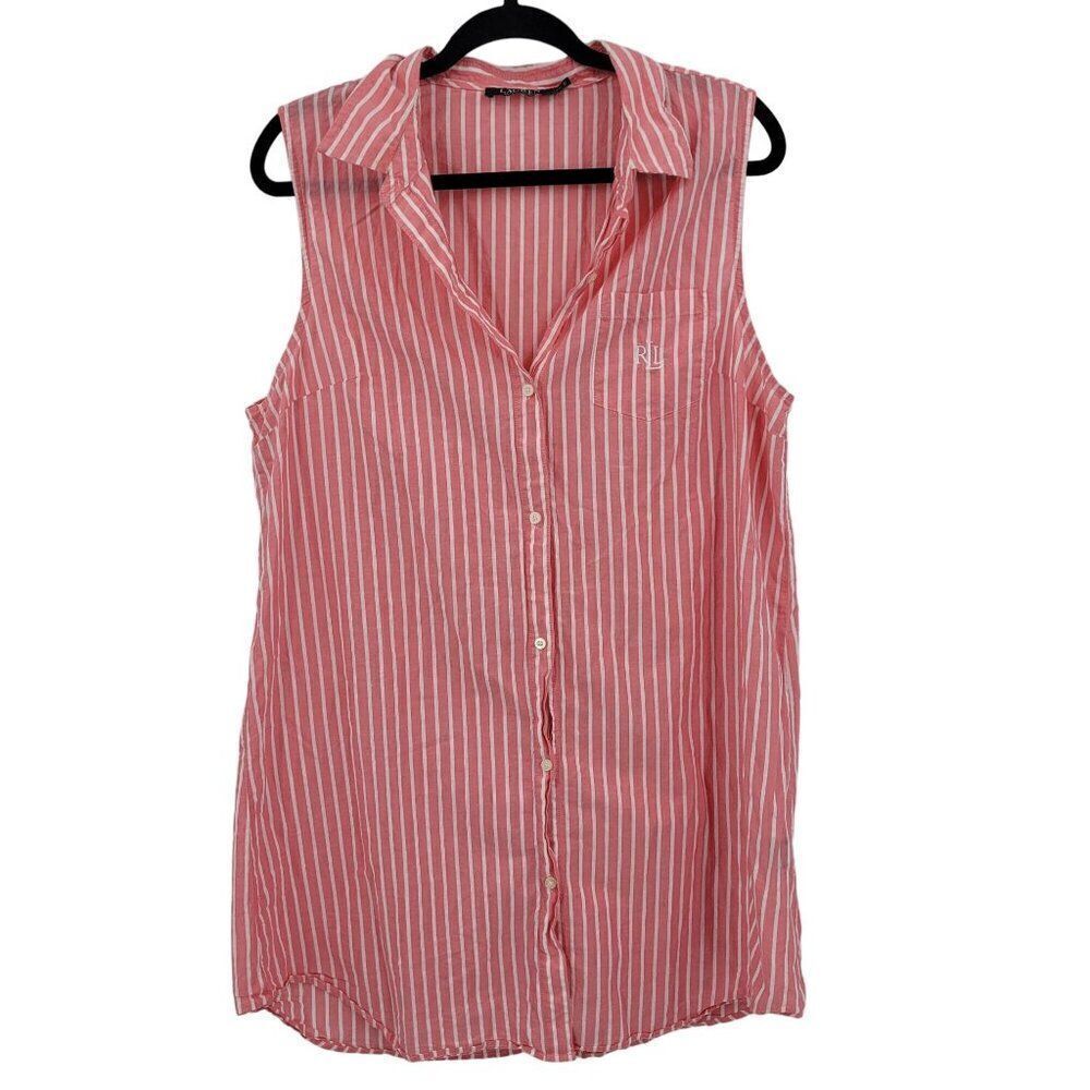 Y2K Ralph Lauren Shirt Dress XL Pink Striped Button Front‎ Cotton Logo Nautical